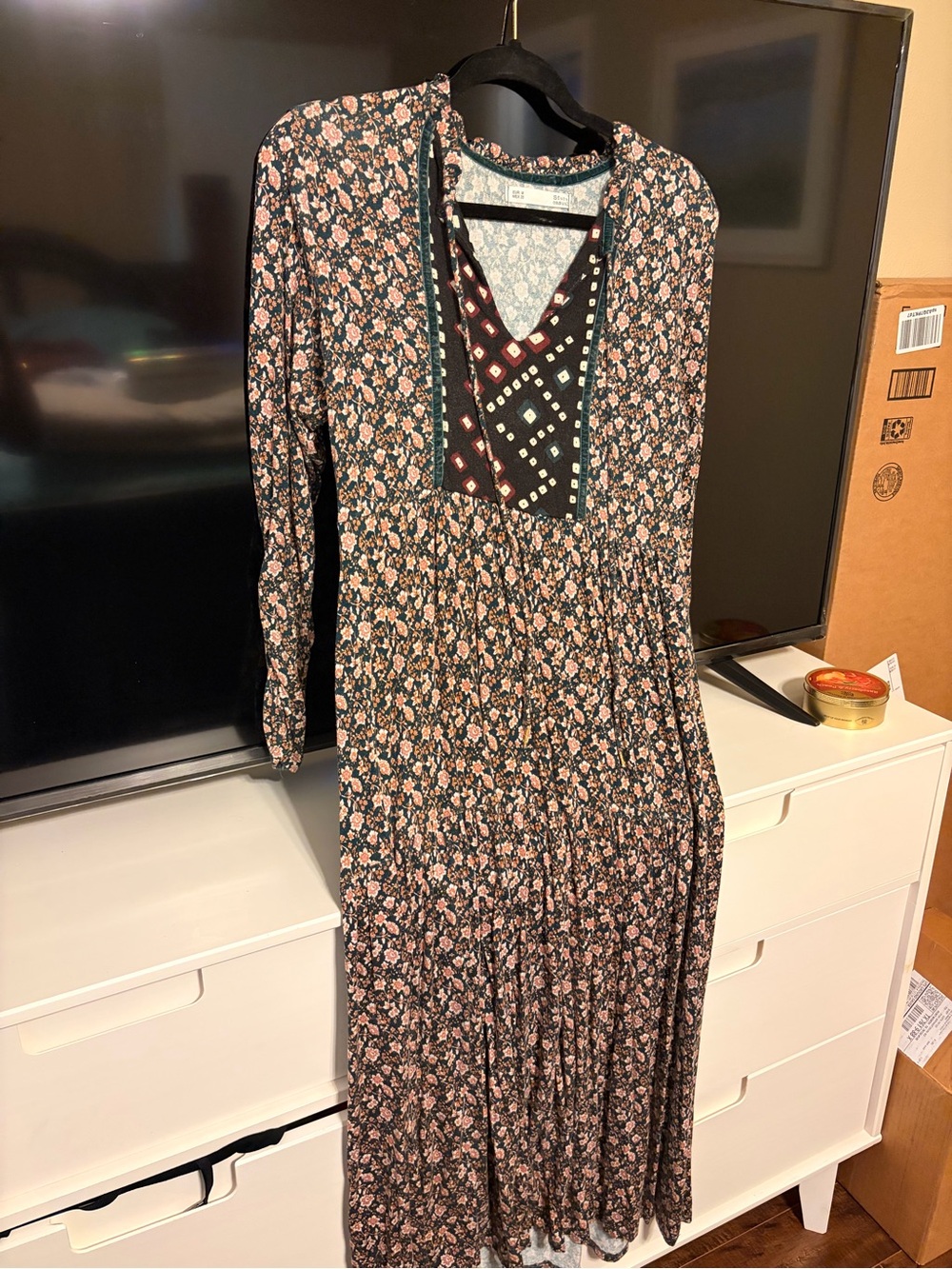 Black Long-Sleeve Floral Maxi Dress with Pink Accents
